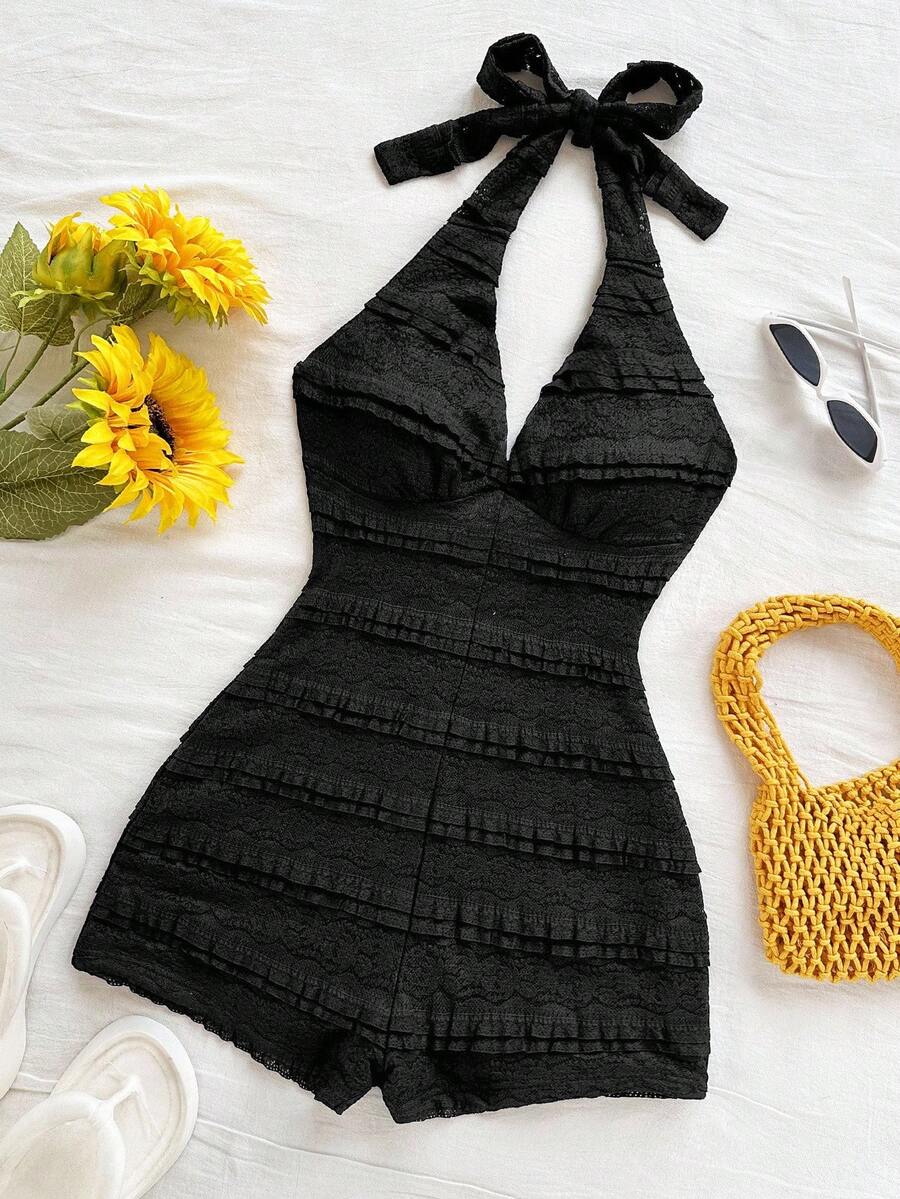 Soleia Women's Vacation White Knit Lace Texture Deep V Neck Tie Waist Jumpsuit, Slim Fit, Suitable For Party, Valentine's Day, Date, Layering, Beach Vacation, Boho Swimsuit Dress Black Vacation Dress Black Dress Summer Black Summer Romper Ruffle Romper Halter Neck Romper Black Vacation Romper Sexy Black Romper Sexy Summer Romper Black Halter Romper Ruffle Lace Romper Swimsuit Romper Summer Spring Valentine's Day Casual Vacation  Beach Wedding Birthday Going Out Elegant Casual Vacation - Black - View 1