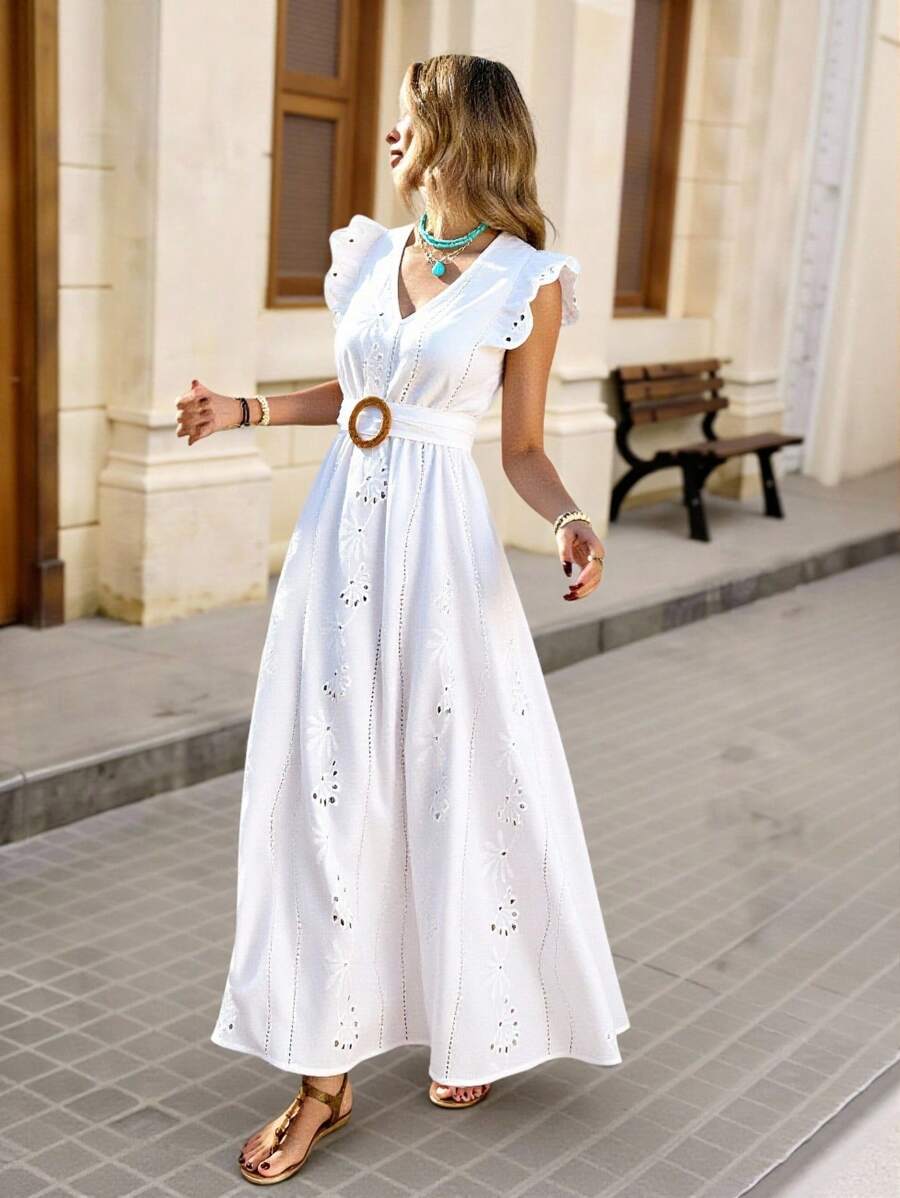 Brillora Vestido con cuello en V, manga corta y tapa, de tela texturizada, para vacaciones informales de mujer - Blanco - Ver 1