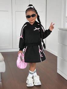 2pcs/Set Young Girl Solid Color Thermal Lined Loose Hoodie Sweatshirt And Mini Skirt Set - Black - View 3