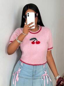 Maweii 大码女式撞色毛衣，樱桃图案短袖上衣，女士针织衫，貂绒面料，露脐上衣，秋冬季优雅修身，Maglia Corta，裹身针织衫 - 粉色 - 查看 2