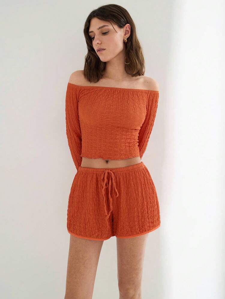 SHEIN Maija 2 Stück/Set Damen einfache Textur Einfarbig Off-Shoulder Crop Top & Shorts