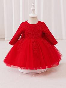 Glamorique Kids 女婴红色刺绣蕾丝边长袖缎面网眼礼服，圣诞节、万圣节、派对、生日、高端公主裙 - 紅色 - 查看 2