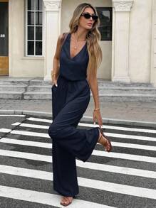 Serisse 女式纯色V领系腰阔腿休闲无袖连体裤 - 藏蓝色 - 查看 8