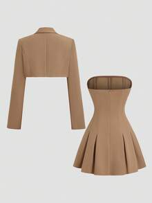 Sweetra Retro British Style Halter Pleated Dress & Casual Slim Fit Suit Set, Chic French Street Fashion For Early Autumn
