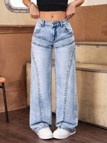 SHEIN PETITE 女式铆钉口袋宽腿宽松休闲牛仔裤 - 藍色 - 查看 4