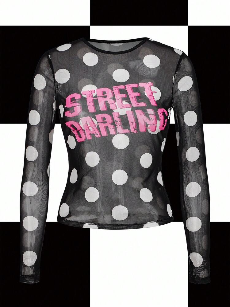 Y2Kool Babi Basques Women's Round Neck Sheer Mesh Long Sleeve Top, Y2K, Polka Dot, Casual, Streetwear, Suitable For Summer, Vacation, Party, Gathering, Daily Wear Winter - Black and White - View 1