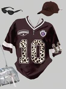 SHEIN Leap Crew 青少年女孩宽松休闲街头风 Y2K 豹纹印花数字图案 V 领足球球衣 T 恤 - 彩色 - 查看 5