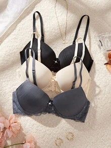 SHEIN 3pcs Lace Patchwork Women's Underwire Bra, Gather & Lift Casual Bra - Multicolor - View 3