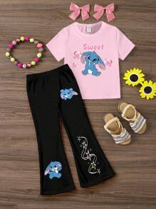 2pcs Girls Casual Outfit Set: Pink T-Shirt With Black Flare Pants, Featuring Cute Blue Rabbit, Floral, Heart, And Slogan Graphic Prints Tween Teen Girl Pants Set Girls Legging Sets Tween Leggings Set Tween Girls Flare Pants Flare Pants Set Kids