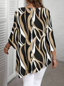 EMERY ROSE 大码休闲条纹几何图案圆领七分袖衬衫，春秋季 - 黑色 - 查看 2