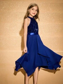 Girls' High-End Beaded Patchwork Woven Halter Asymmetrical Hem Long Dress, Suitable For Wedding, Performance, Birthday Party, Graduation, Christmas, Halloween Fall Winter - Blue - View 6