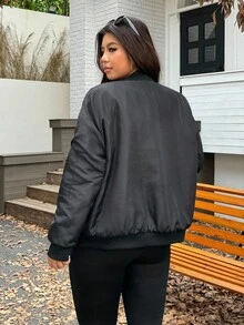 SHEIN EZwear Plus Size Women Casual Solid Color Jacket For Autumn/Winter,Fall,Back To School,Warm,Zip Up - Black - View 3