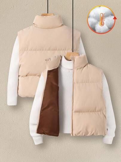 BASICS Kids Tween Girl Casual Everyday Versatile Comfortable Stand Collar Sleeveless Thick Woven Solid Color Jacket Vest Outerwear, Padded Coat Suitable For Commuting, School, Casual, Holiday, Sports, Spring/Summer, Fall, Winter