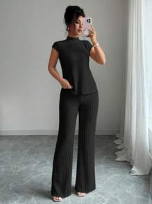 Elenzga 2pcs Casual Solid Color Ribbed Side Slit Top And Pants Set - Black - View 6