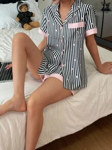 Button-Up Women's Short Sleeve Striped Pajamas With Comfortable Regular Fit And Collar Women Short Sets Pajama Short Set Summer Pj Set Short Pj Set Striped Pajama Set Pjs - Black - View 5