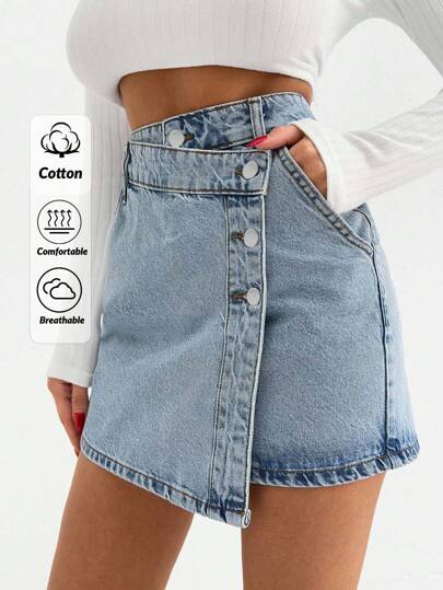 EURMUSE WOMEN MINI SKIRT MEDIUM WASH BUTTON DETAIL