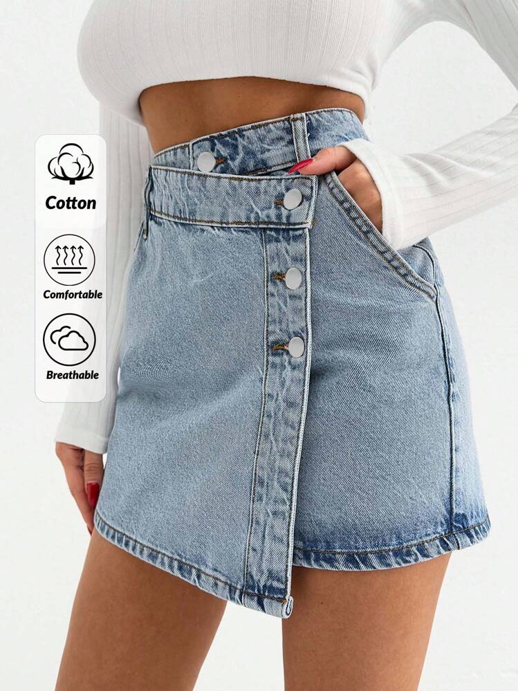 EURMUSE 女款迷你短裙 中号 洗水纽扣细节 - 淺色水洗藍 - 查看 1