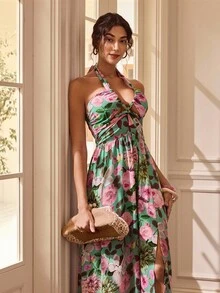 Glamance Gulsengunel Vestido elegante de mujer con estampado floral y espalda descubierta, vestido elegante casual para salir en verano y otoño - Multicolor - Ver 6