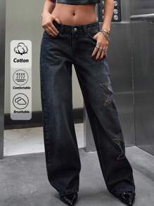 SHEIN Cottnline Low Waist Diamond Detailed Straight Jean - Black - View 1