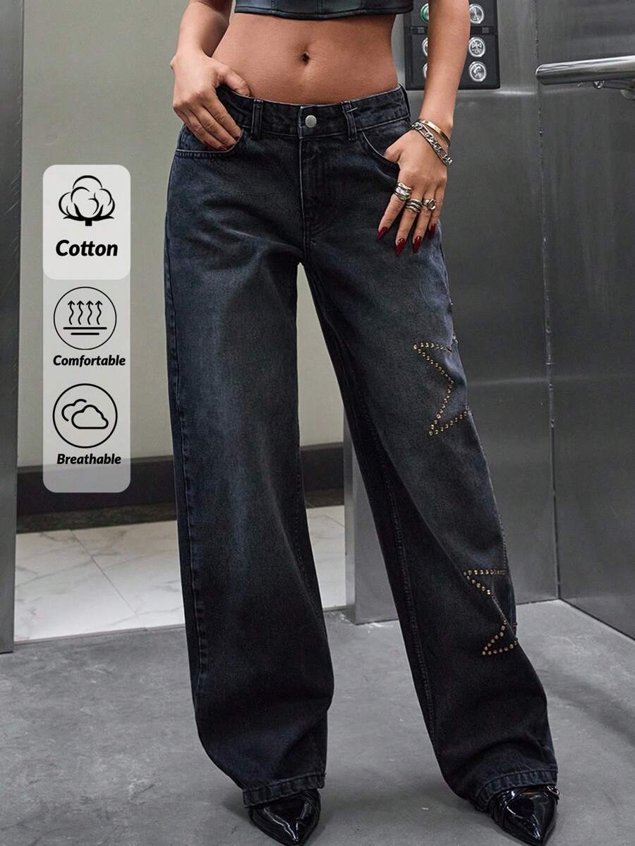 SHEIN Cottnline Low Waist Diamond Detailed Straight Jean - Black - View 1