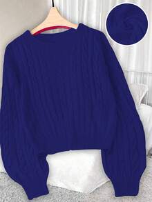 GlowEve CURVE 大码女式休闲时尚修身圆领长袖麻花针织套头衫，秋冬 - 藍色 - 查看 1