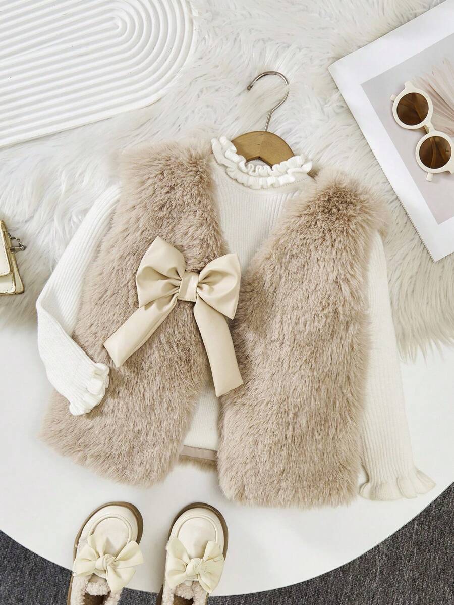 少女仿皮草优雅礼服背心外套，适合派对和各种场合，秋冬季 - 卡其色 - 查看 1