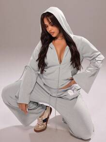 Rustia Plus Size Casual 2 Pieces Set: Long Sleeve Zip-Up Hoodie And Drawstring Pants Fall Cloth For Women CASUAL - Light Grey - View 7