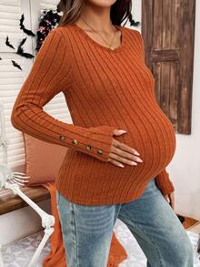 SHEIN قميص كاجوال للحوامل بلون أحادي ضيق بأكمام طويلة، خريفي - لون برتقالي - مشاهدة 3