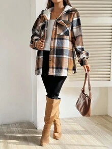 SHEIN Fall Clothes,Autumn Clothes,Maternity Autumn/Winter Clothes Pregnant Women's Long Sleeve Single-Breasted Plaid Pocket Casual Fleece Hooded Jacket