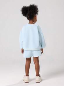 Bộ đồ phối màu hồng pastel cho bé gái Newport Beach California Áo nỉ Varsity kèm quần short phù hợp Trang phục thường ngày Bộ sưu tập Thu Đông - Màu xanh nhạt - Xem 2