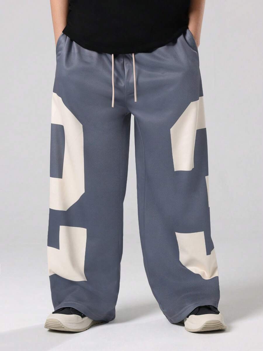 SUMWON Youth Loose Fit Modern Color Block Wide Leg Sweatpants Casual Drawstring Bottoms Fall Winter Fashion Pants Streetwear - Dark Grey - View 1