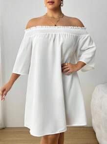 SHEIN PETITE CURVE Plus Size Casual Loose Daily Versatile Solid Color Off-Shoulder Dress - White - View 3