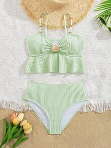 2pcs Girls' Cute Ruffle Trim Swimsuit Set, Suitable For Beach, Vacation In Summer - Green - View 1