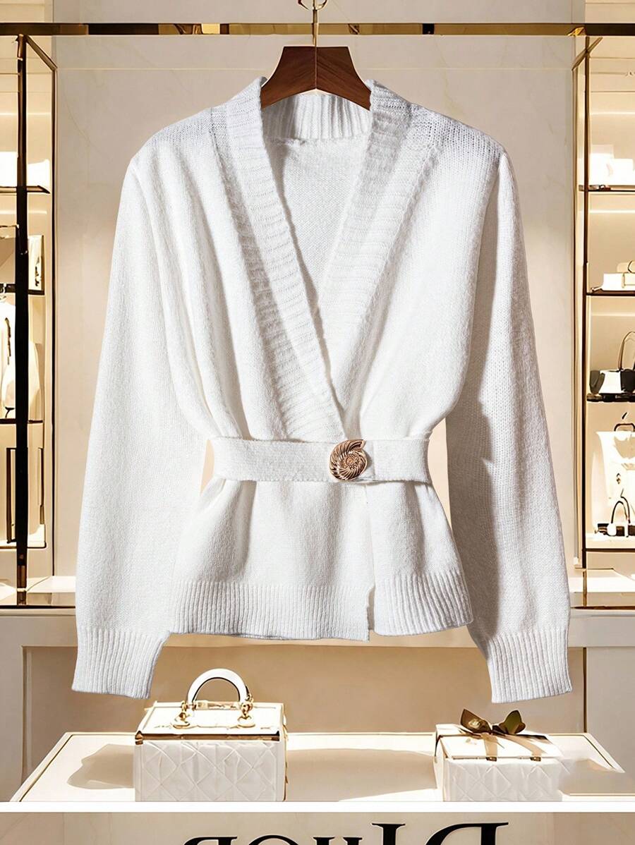SHEIN LUNE Women's Casual Solid Color Belted Sweater - White - View 1