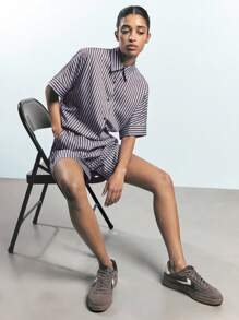 Maija 2 件女式条纹纽扣前衬衫和短裤套装，节日