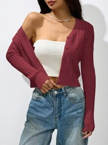 SHEIN PETITE Cárdigan de manga larga de unicolor y simple para mujer, suéter lindo, suéter corto, suéter de punto, ropa de otoño e invierno, vestidos amarillos para mujer, blusas de manga larga