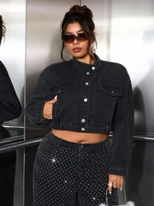 SHEIN Unity Plus Size Solid Color Casual Long Sleeve Denim Jacket, New Spring/Autumn Design Party - Black - View 6
