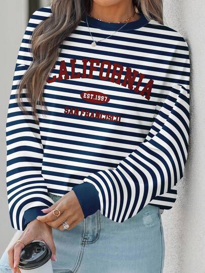EMERY ROSE Casual Minimalist Nautical Style Navy Blue Striped With Red California Letter Graphic Print Loose Fit Crew Neck Long Sleeve Sweatshirt For Women, Suitable For Autumn/Winter, Back To School Season, Nautical Style, Vintage Style,Fall