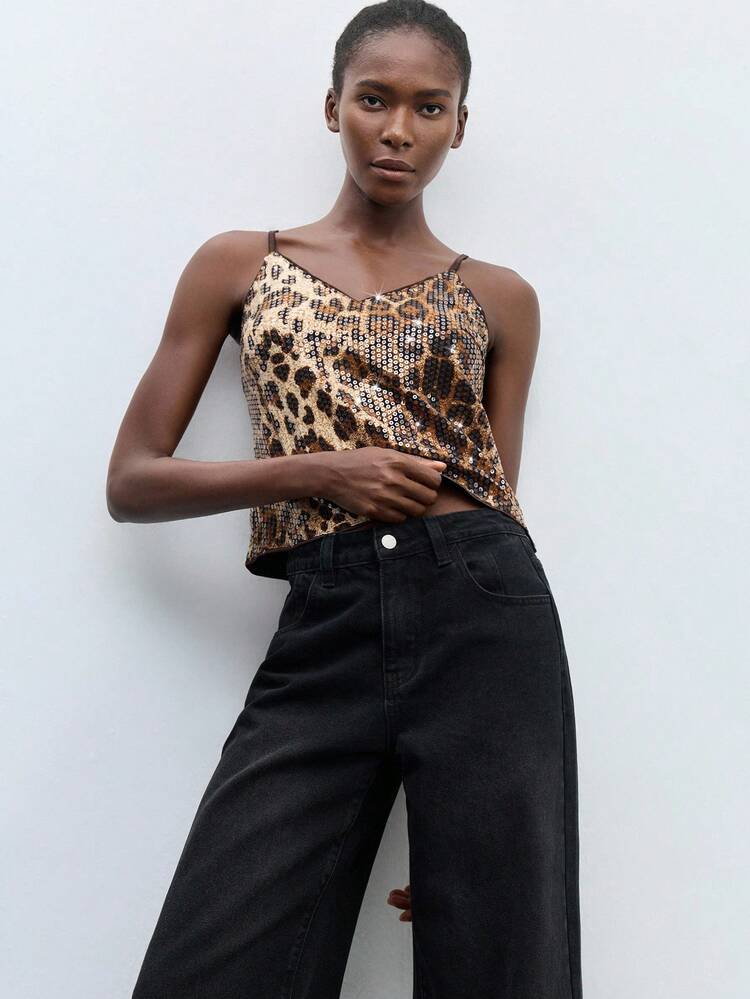 SHEIN Maija Women's Brown Leopard Print Knitted Top Casual Regular Length Spaghetti Strap Tank Top With Criss-Cross Detail