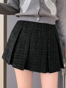 DAZY Women's Shiny Pleated Mini Skirt, Elegant Fall,Winter - Black - View 1