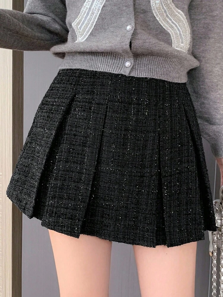 Women's Shiny Pleated Mini Skirt, Elegant Fall,Winter