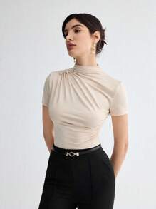 BizChic Women's Stand Collar Pleated Short Sleeve T-Shirt, Basic Top, Suitable For Outings, Office, Business Casual, Autumn - Apricot - View 9