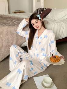少女春秋条纹纹理可爱蝴蝶结图案印花开衫睡衣套装，居家休闲 - 藍白色 - 查看 5