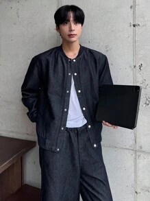 DAZY 海军蓝男士长袖单排扣棒球领夹克和裤子休闲牛仔套装，秋季