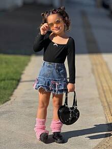 SHEIN Young Girl Solid Color Ruffle Collar Bowknot Fitted Long Sleeve Cropped Casual Elegant T-Shirt, Black, Sweet & Cool Girl, Personalized Sweet, School Style, Back To School Season Kids Black Top Girls Black Top Fall Winter - Black - View 2