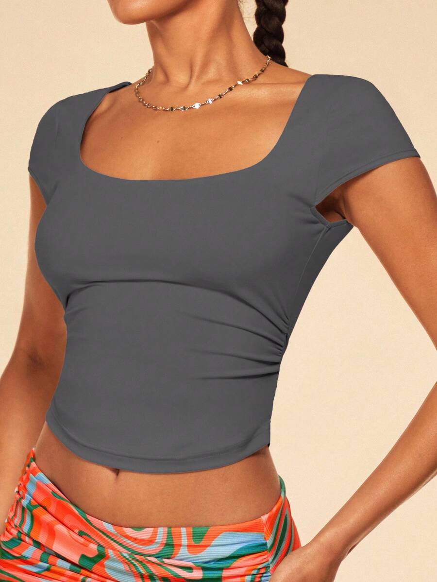 SHEIN BAE Square Neck Ruched Side Crop Tee - Dark Grey - View 1