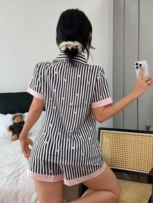 Button-Up Women's Short Sleeve Striped Pajamas With Comfortable Regular Fit And Collar Women Short Sets Pajama Short Set Summer Pj Set Short Pj Set Striped Pajama Set Pjs - Black - View 2