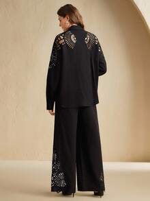 Anewsta 女士长袖镂空单排扣衬衫和阔腿裤休闲套装 - 黑色 - 查看 2