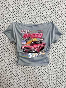 Attitoon 女士休闲腰部褶饰粉色汽车英伦印花朋克复古露肩紧身短袖T恤，适合夏季、街头风格和机场，露肩上衣