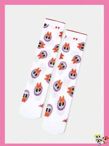 THE POWERPUFF GIRLS X SHEIN Blossom Pattern Red Trim White Crew Socks - Multicolor - View 1